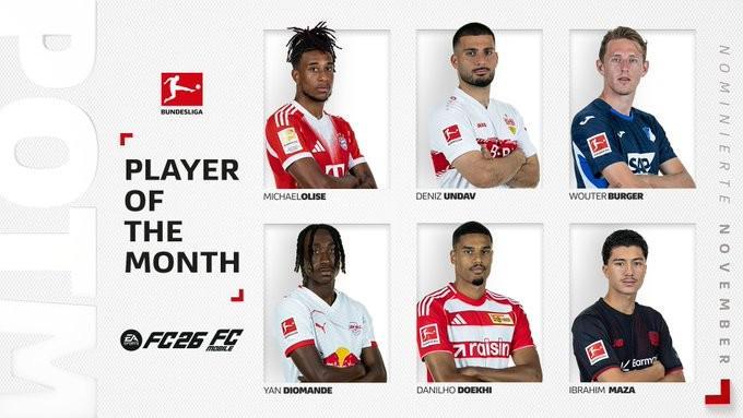 德甲11月最佳球员候选:6球2助攻的昂达夫领衔,奥利塞入选