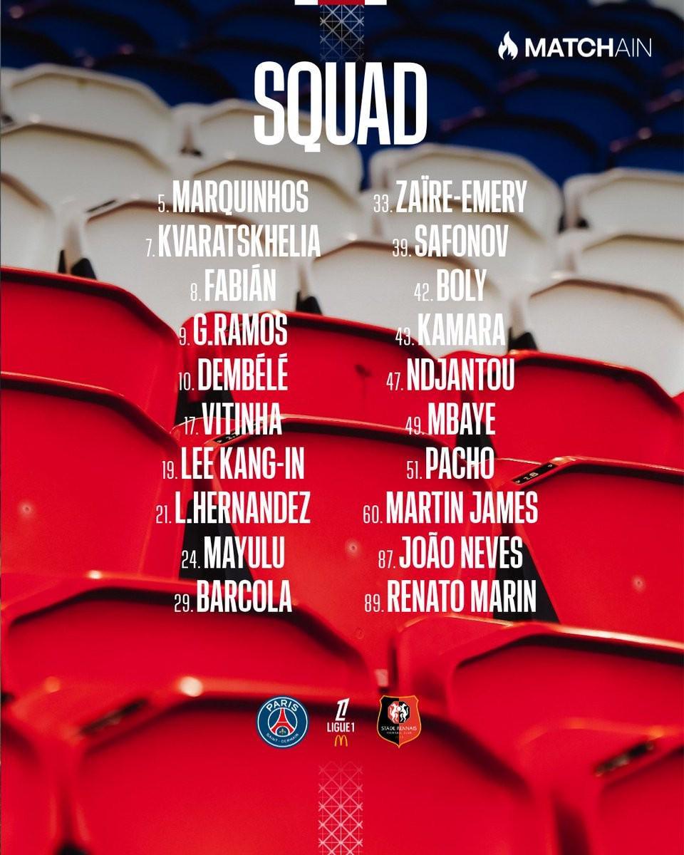 巴黎战雷恩大名单:登贝莱领衔,舍瓦利耶、扎巴尔尼缺阵