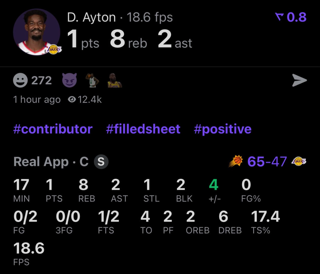 这数据令人难评啊艾顿今日2中0仅得1分8板1助2帽还有4失误